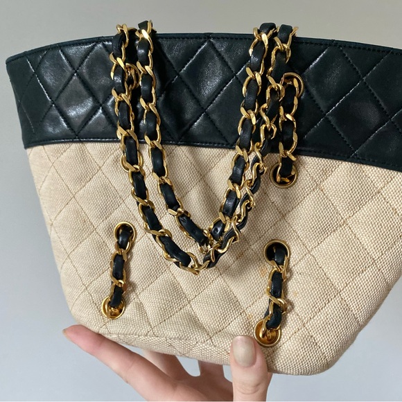 Chanel Vintage Navy Canvas Beige Mini Tote Bag - Picture 5 of 16